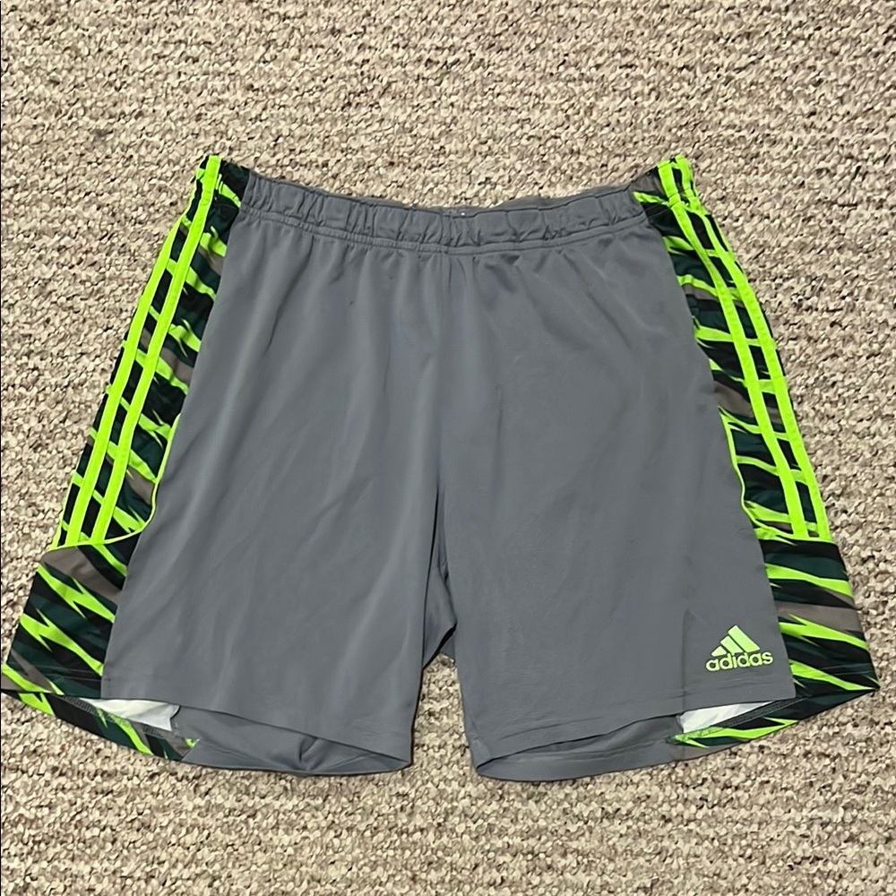 Adidas Men's Gray Shorts with Neon Green Accents